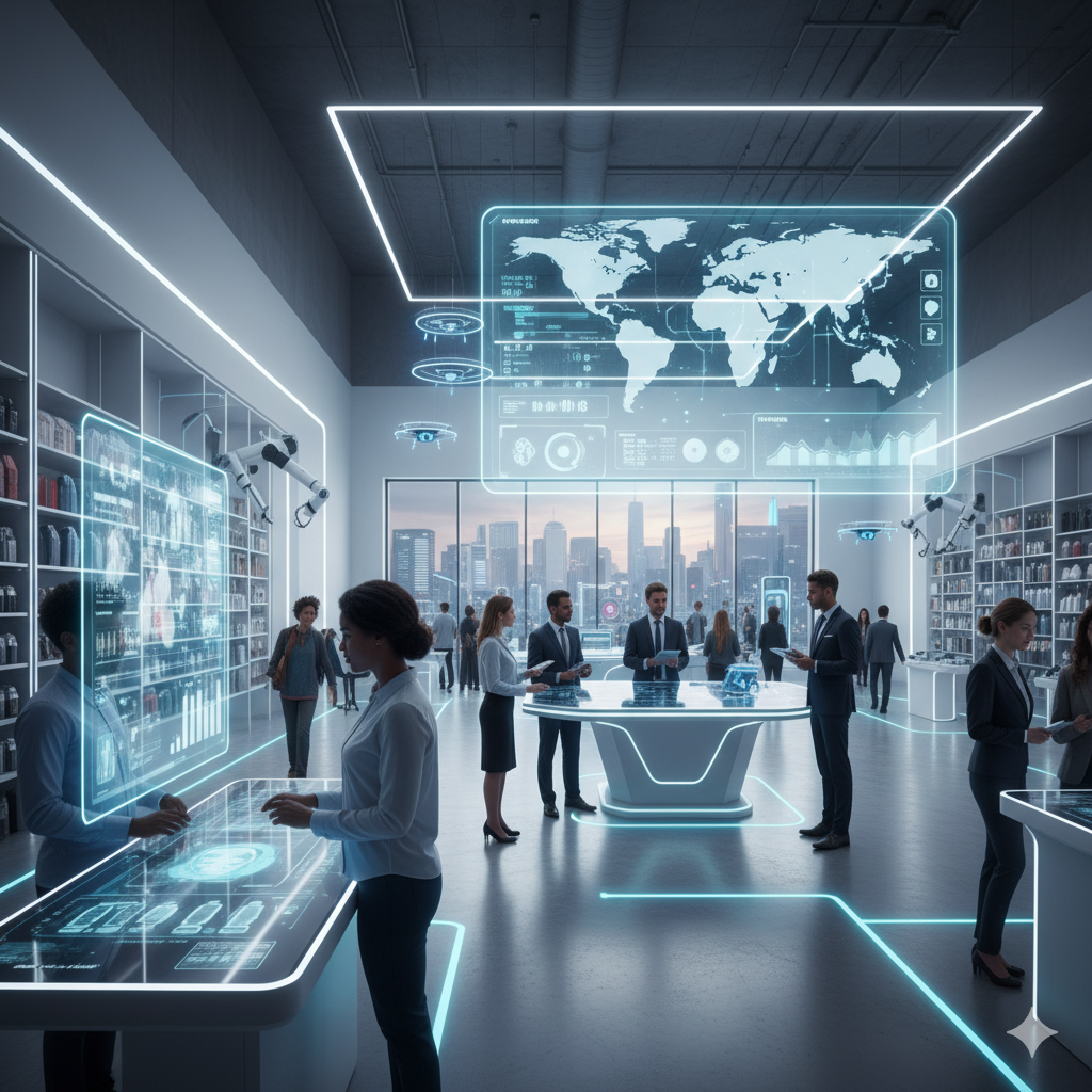 Futuristic business environment with AI interfaces and holographic displays